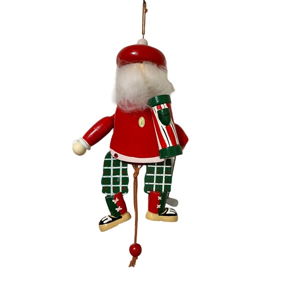 Vintage Wooden Pull String Golfer Santa Kitschy Large Christmas Ornament - Picture 4 of 11